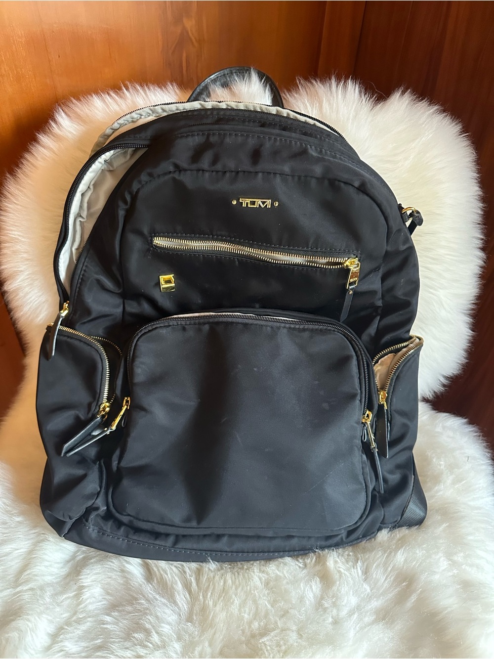 Tumi Black Nylon Backpack with Gold Hardware Accents